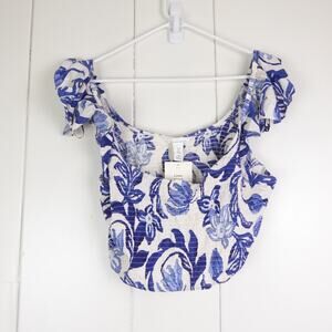 H&M Top Womens SZ XL Cropped Smocked Top Linen Blend Puff Sleeves Beachy Coastal